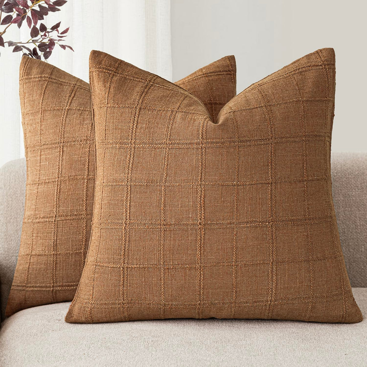 Foindtower Linen Check Decorative Throw Pillow Covers 18×18 Natural Beige