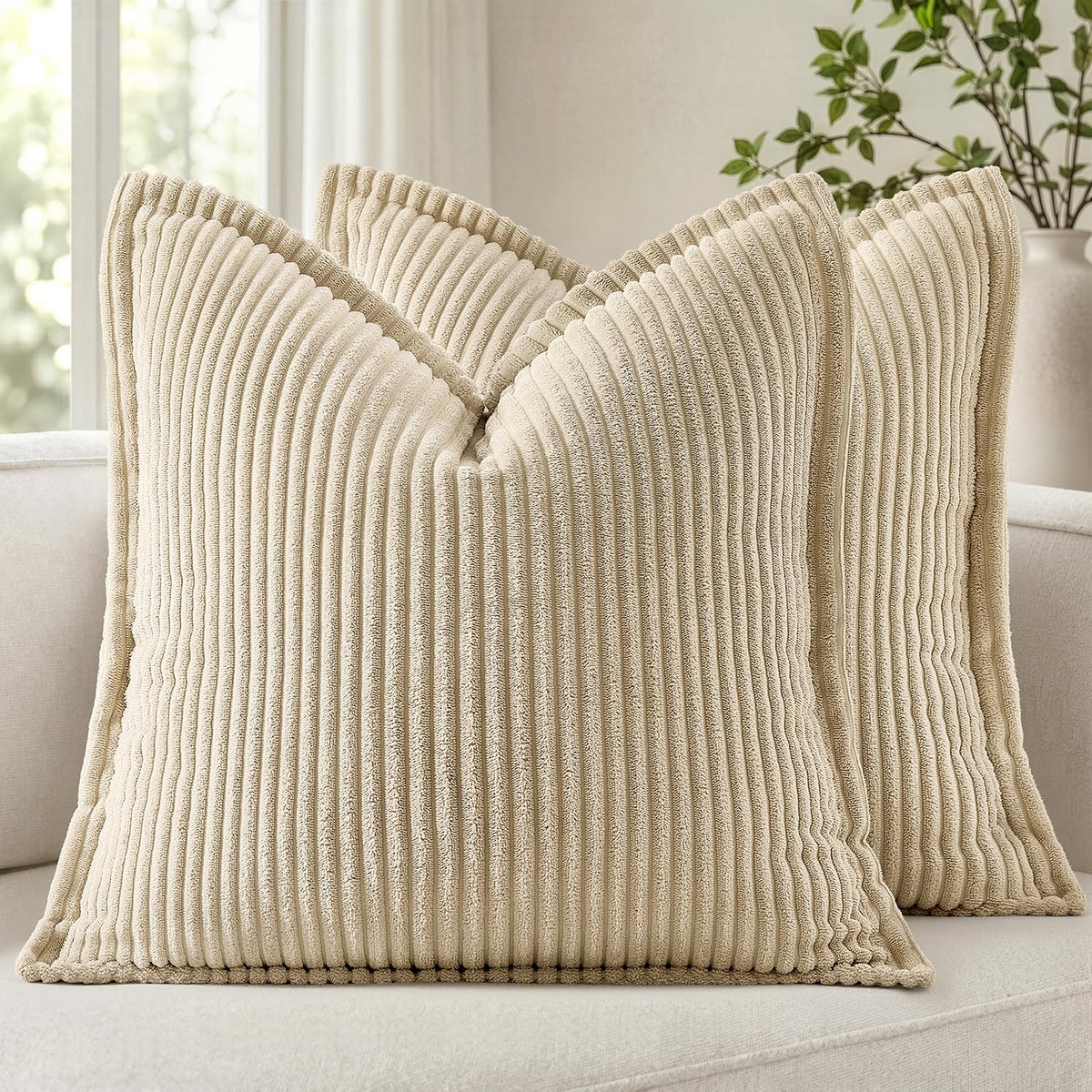 MIULEE Couch Pillow Covers 18x18 Cream White Textured Corduroy