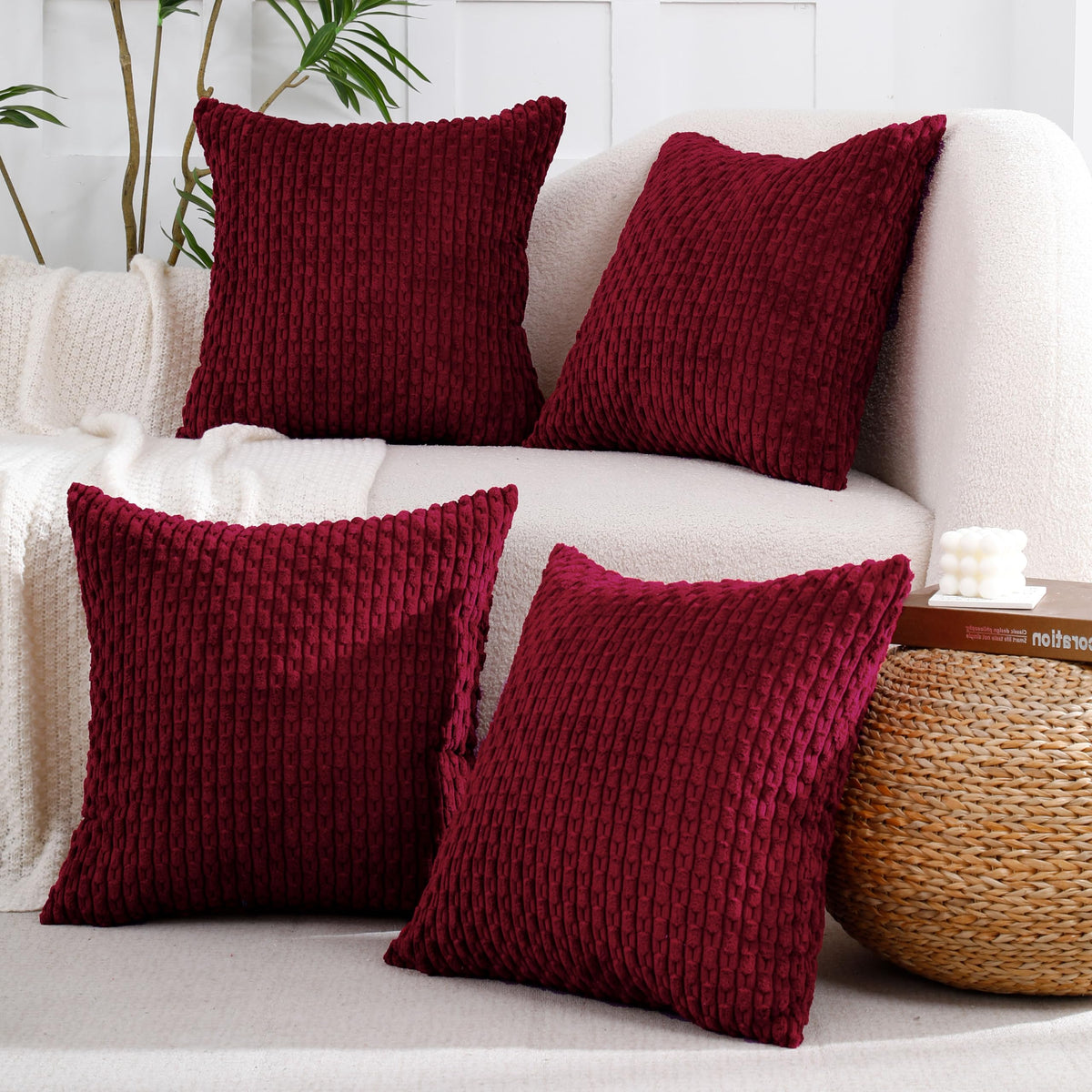 VAKADO Couch Throw Pillow Covers 18x18 Set of 4 Decorative Neutral Corduroy Boho Rustic Farmhouse Cushion Case Square for Home Decor Sofa Living Room Bed