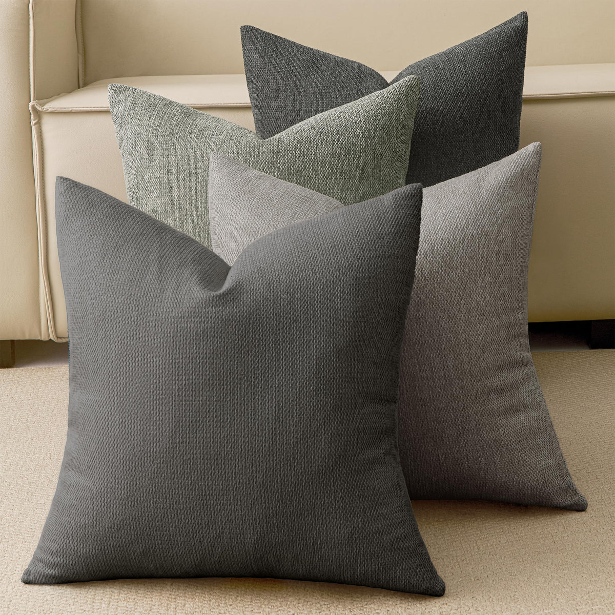 Natural Linen Look Throw Pillow Covers 18x18 Inch Set of 4, Textured Woven Decorative Pillow Covers, Neutral Square Cushion Covers for Couch Sofa Living Room Bedroom, Ivory Cream