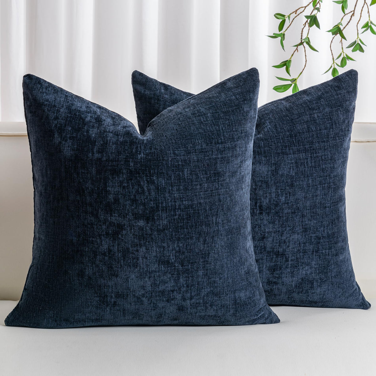 Pack of 2 Chenille Decorative Throw Pillow Covers 18x18 Inch Navy Blue