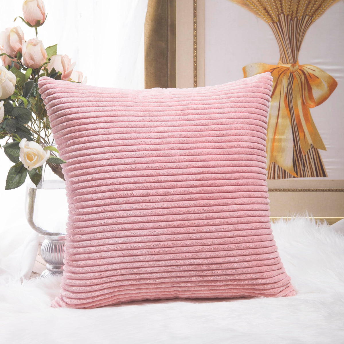 Home Brilliant Mustard Yellow Throw Pillow Cover 18x18 Decorative Plush Corduroy Striped Fall Decor Throw Pillow Cushion Cover for Couch Bed Decor, 18 x 18 (45x45), Sunflower Yellow
