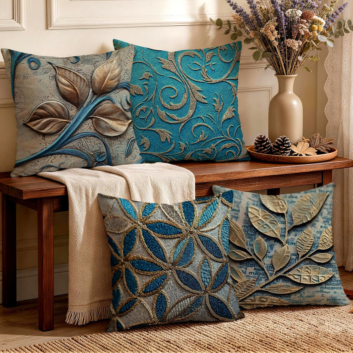 OBSEDE Rustic Neutral Boho Floral Throw Pillow Covers 18x18 Inch Set of 4