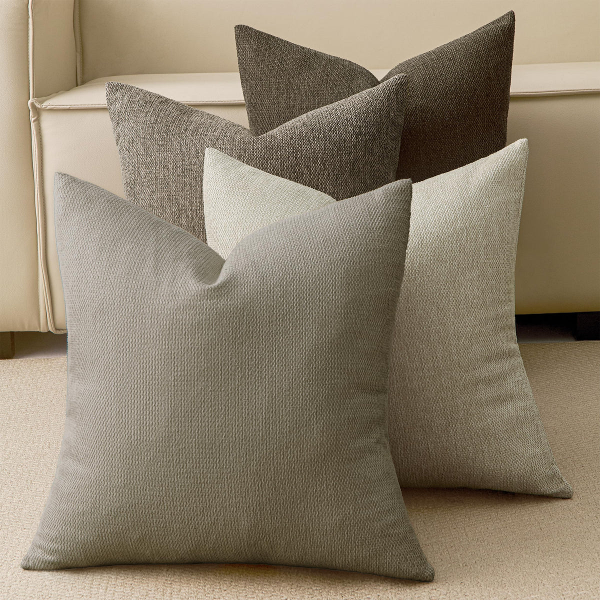Natural Linen Look Throw Pillow Covers 18x18 Inch Set of 4, Textured Woven Decorative Pillow Covers, Neutral Square Cushion Covers for Couch Sofa Living Room Bedroom, Ivory Cream