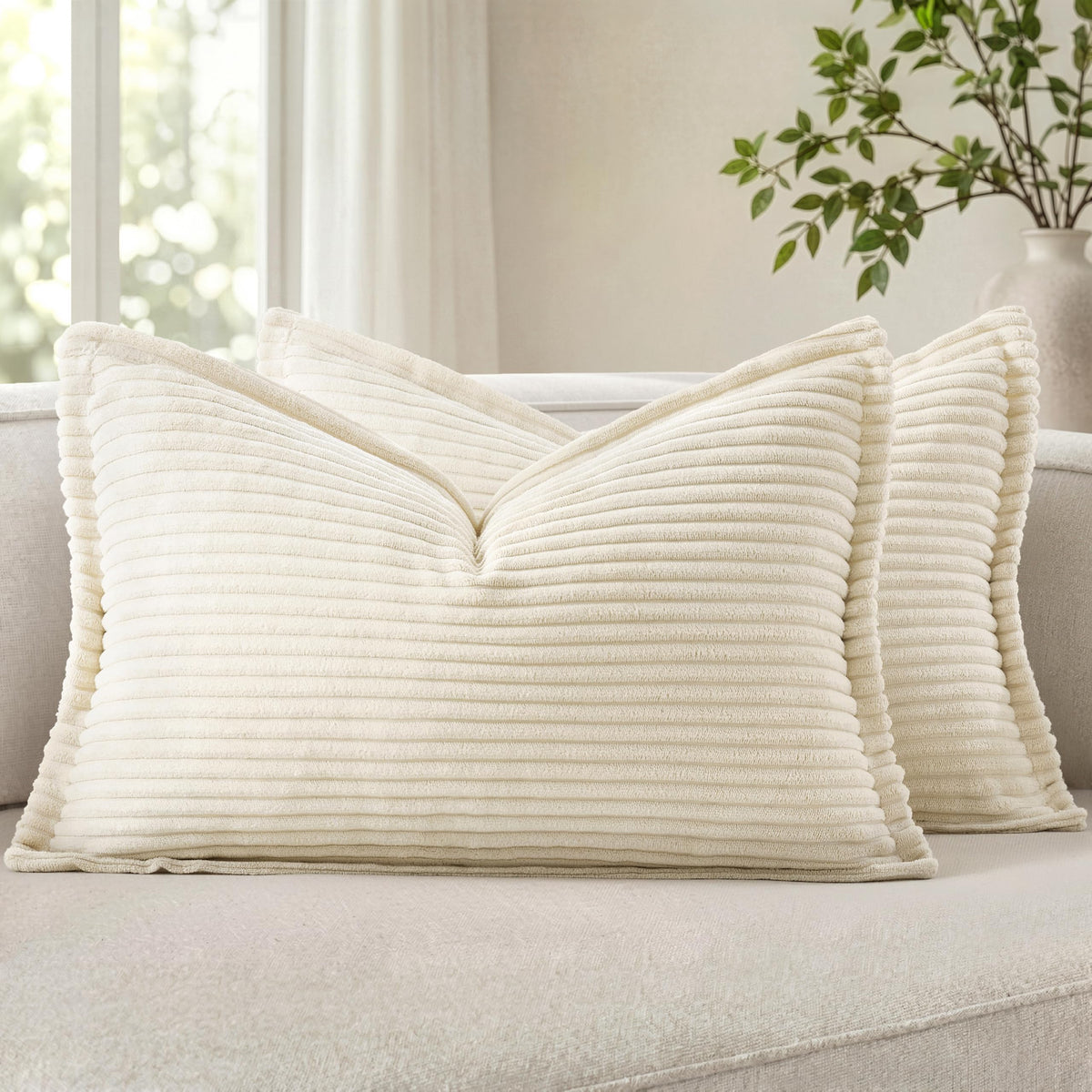 MIULEE Couch Pillow Covers 18x18 Cream White Textured Corduroy