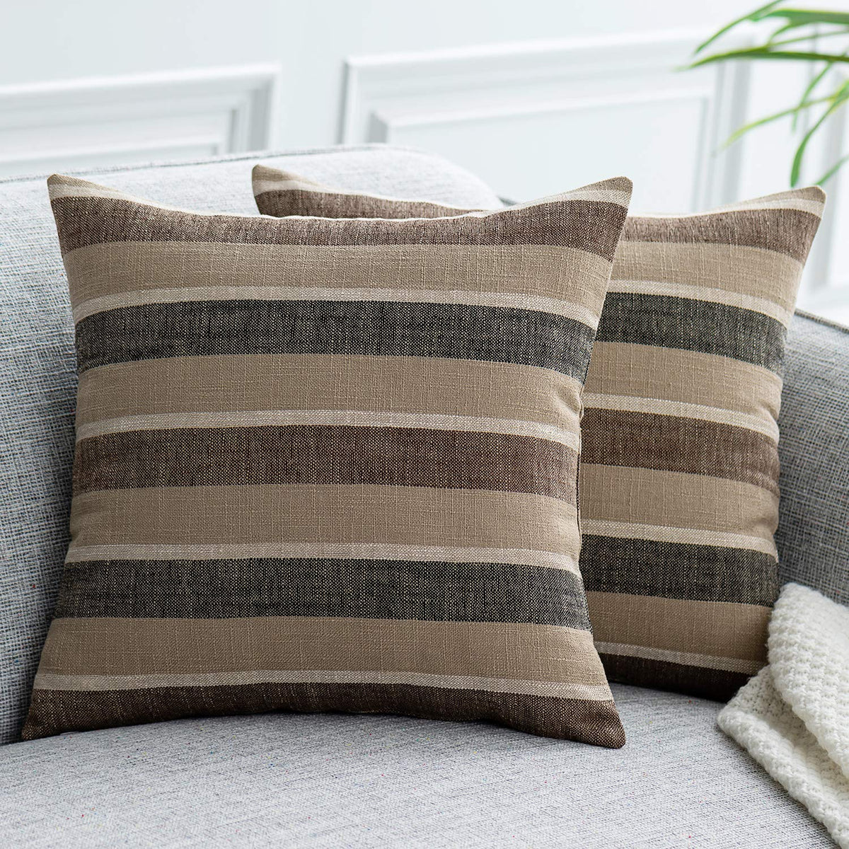 2 Pieces Decorative Classic Retro Stripe Throw Pillow Cover Soft Faux Linen Modern Farmhouse Lumbar Cushion Case for Sofa Bedroom Car 12 x 20 Inch Grey Blue Mixed
