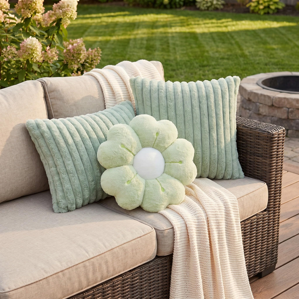 Amyhill Set of 3 Flower Throw Pillow and 18" Plush Cushion Cover Faux Fur, Daisy Home Decorative Pillow 2 Fuzzy Striped Pillowcase Flower Floor Seat Cushion Cover for Sofa Chair Bed(Beige and White)