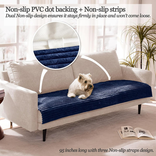 Dual Non-Slip Couch Cover for Dogs Waterproof, Fuzzy Soft Pet Couch Covers for Sofa 3 Cushion, Pet Friendly Soft Dog Bed Covers Sofa Cover Washable (Navy Blue, 33" x 75" 1 Pack)