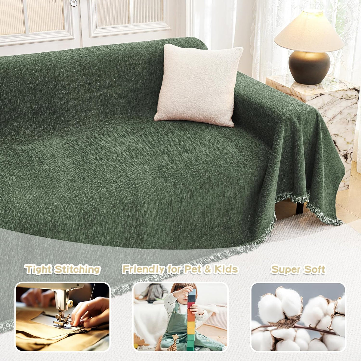 MYSKY HOME Couch Cover for Dogs, Washable Couch Covers, Non Slip Couch Sofa Cover, Couch Cover 2 Cushion Sofa Dogs Furniture Protector with Tassels Chenille Sofa Covers for Pets, 71"x118", Moss Green