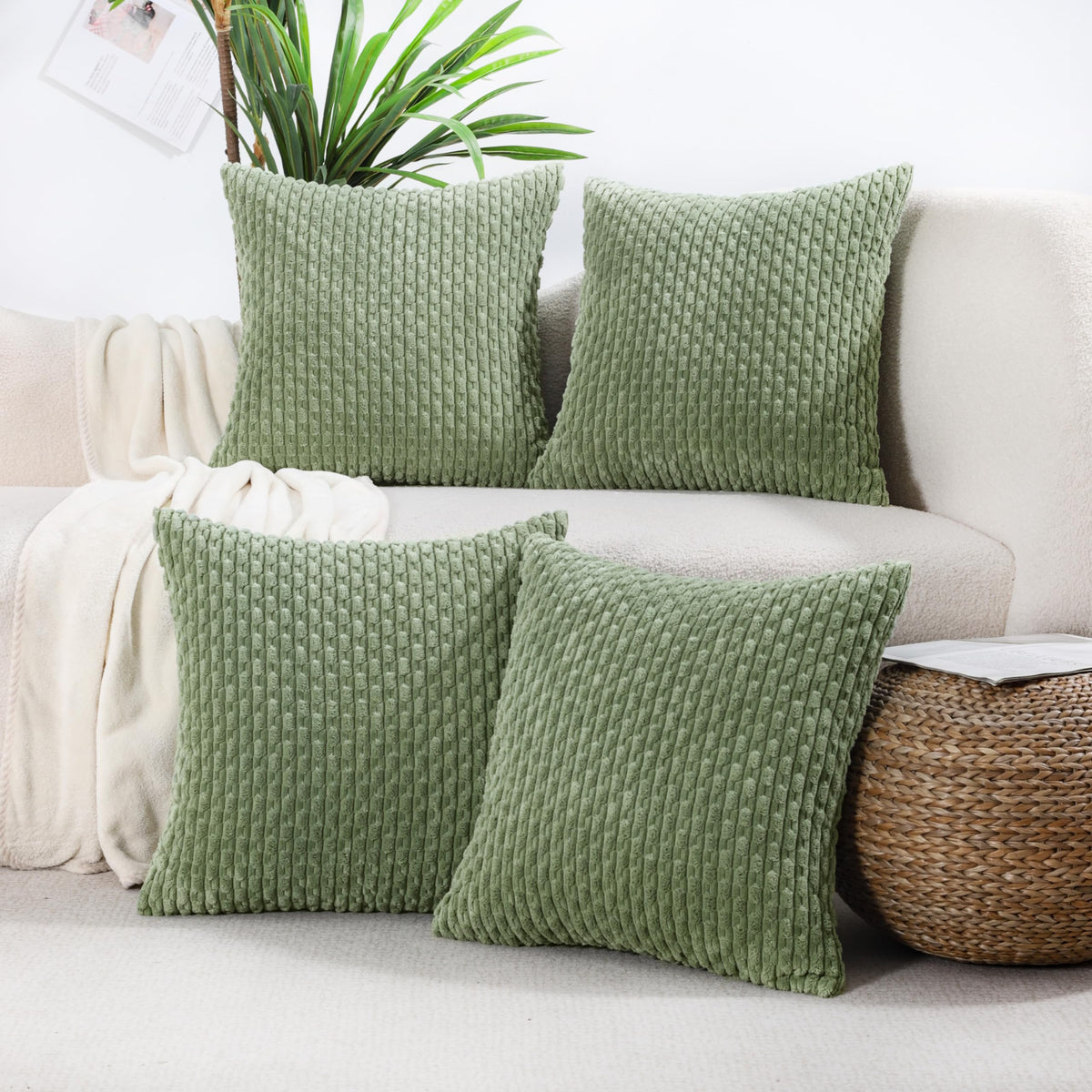 VAKADO Couch Throw Pillow Covers 18x18 Set of 4 Decorative Neutral Corduroy Boho Rustic Farmhouse Cushion Case Square for Home Decor Sofa Living Room Bed