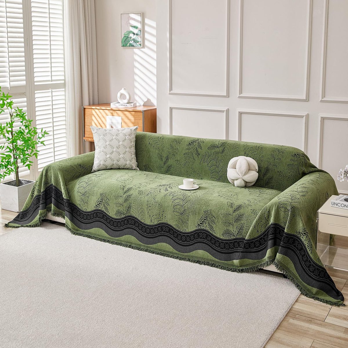 DREAMINGO Green Floral Couch Cover Farmhouse Botanical Jacquard Sofa Covers for 2 Cushion Couch Cozy Chenille Living Room Furniture Loveseat Sectional Sofa Slipcovers Washable, Large 71"x118"