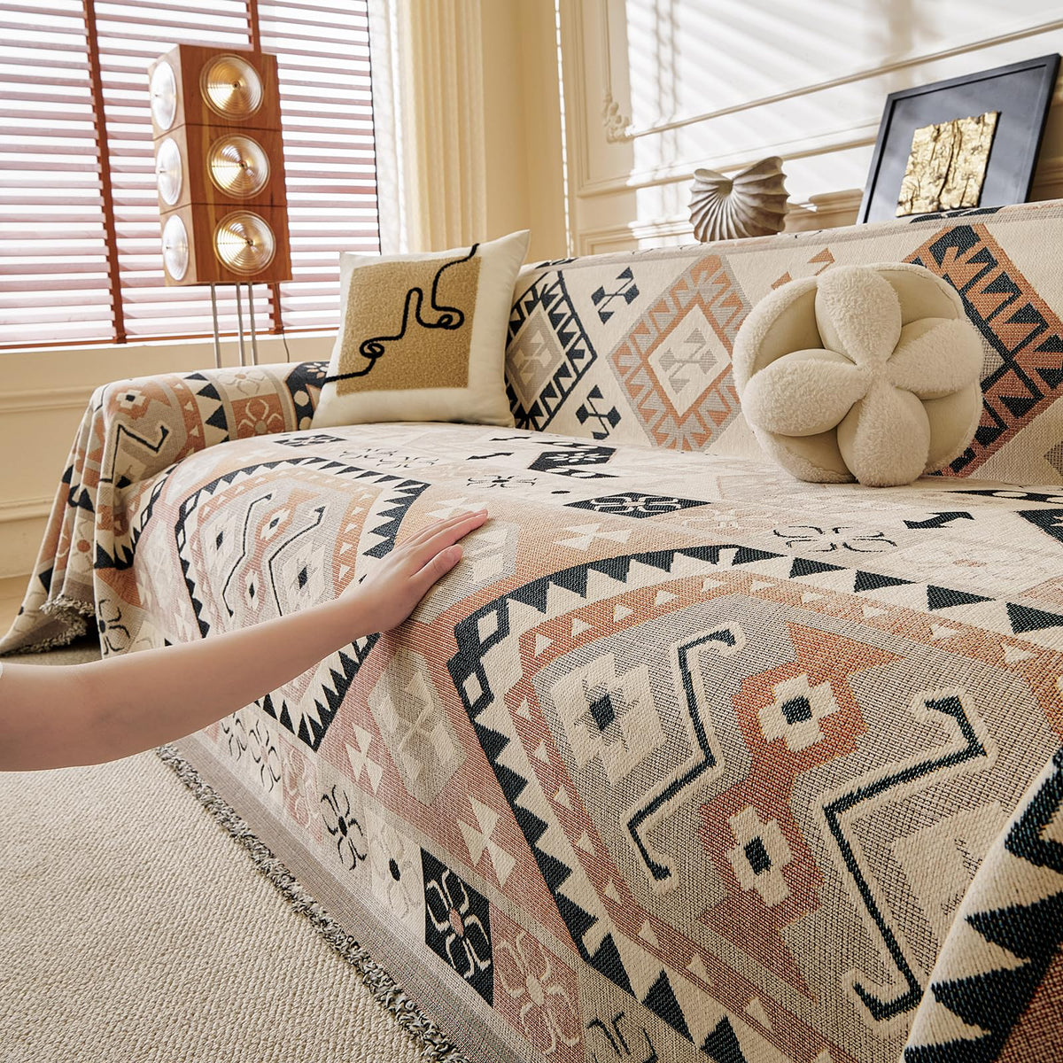 ROOMLIFE Thicked Striped Couch Cover with Tassel Blue Chenille Sofa Cover Blanket for Sectional Sofa, Soft Sofa Slipcovers for L Shaped Love Seat 2-3 Cushion Couch Anti Slip Sofa Protector, 71"x118"