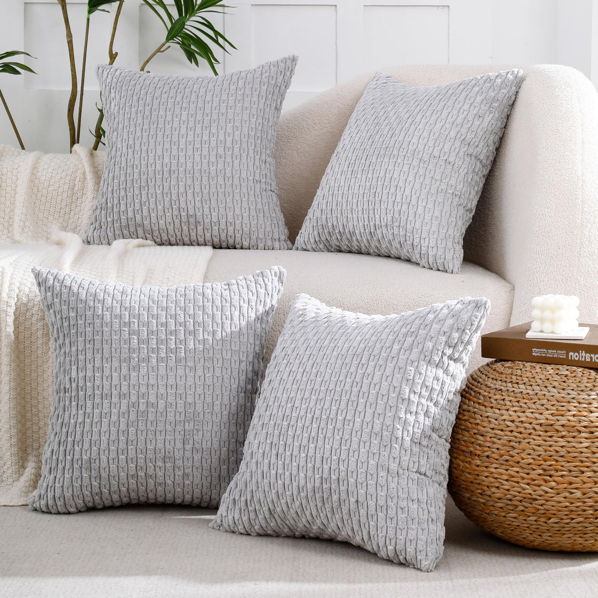 VAKADO Couch Throw Pillow Covers 18x18 Set of 4 Decorative Neutral Corduroy Boho Rustic Farmhouse Cushion Case Square for Home Decor Sofa Living Room Bed