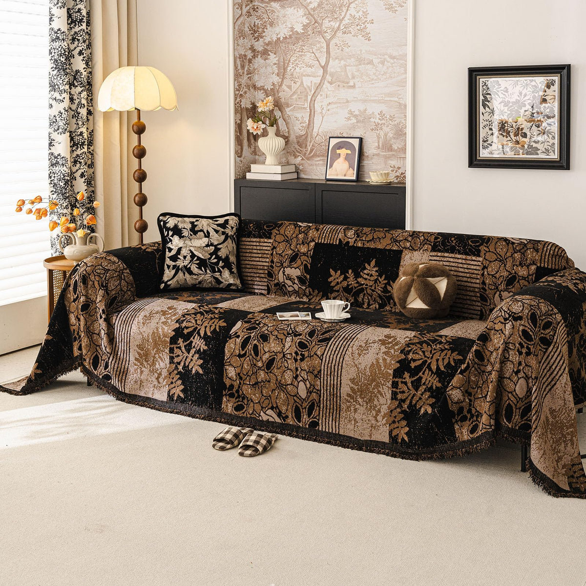 DREAMINGO Green Floral Couch Cover Farmhouse Botanical Jacquard Sofa Covers for 2 Cushion Couch Cozy Chenille Living Room Furniture Loveseat Sectional Sofa Slipcovers Washable, Large 71"x118"