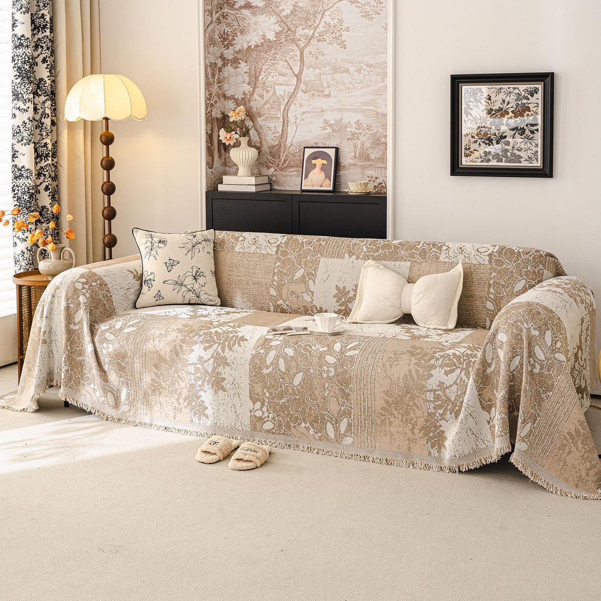 DREAMINGO Green Floral Couch Cover Farmhouse Botanical Jacquard Sofa Covers for 2 Cushion Couch Cozy Chenille Living Room Furniture Loveseat Sectional Sofa Slipcovers Washable, Large 71"x118"