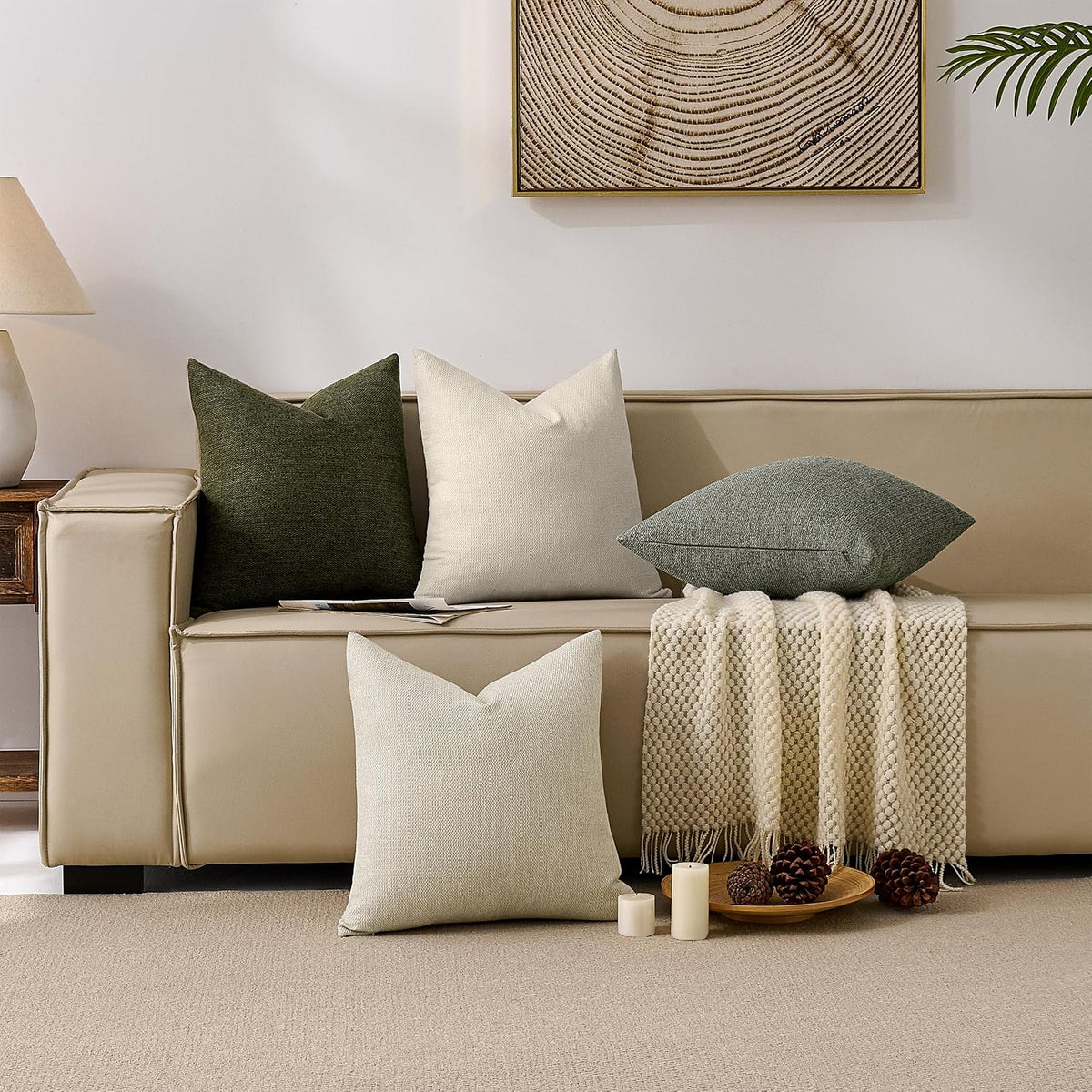 Natural Linen Look Throw Pillow Covers 18x18 Inch Set of 4, Textured Woven Decorative Pillow Covers, Neutral Square Cushion Covers for Couch Sofa Living Room Bedroom, Ivory Cream