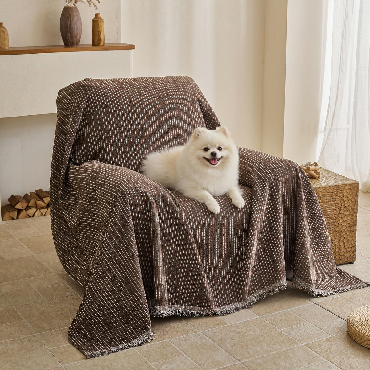 MYSKY HOME Couch Cover for Dogs, Washable Couch Covers, Non Slip Couch Sofa Cover, Couch Cover 2 Cushion Sofa Dogs Furniture Protector with Tassels Chenille Sofa Covers for Pets, 71"x118", Moss Green