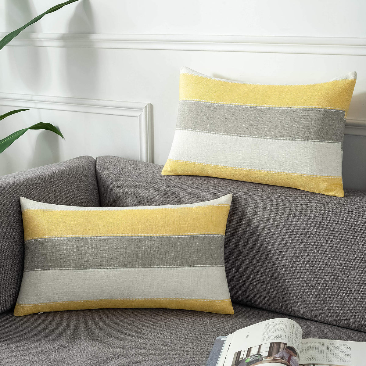 AmHoo Pack of 2 Farmhouse Stripe Check Throw Pillow Covers Set Case Cotton Linen Decorative Pillowcases Cushion Cover for Couch Bench Sofa 18x18Inch Dark Grey Beige