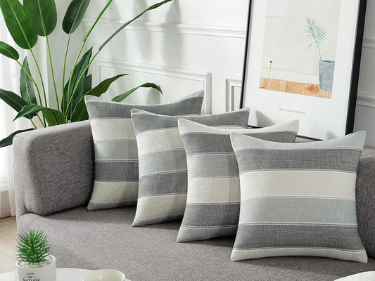 AmHoo Pack of 2 Farmhouse Stripe Check Throw Pillow Covers Set Case Cotton Linen Decorative Pillowcases Cushion Cover for Couch Bench Sofa 18x18Inch Dark Grey Beige