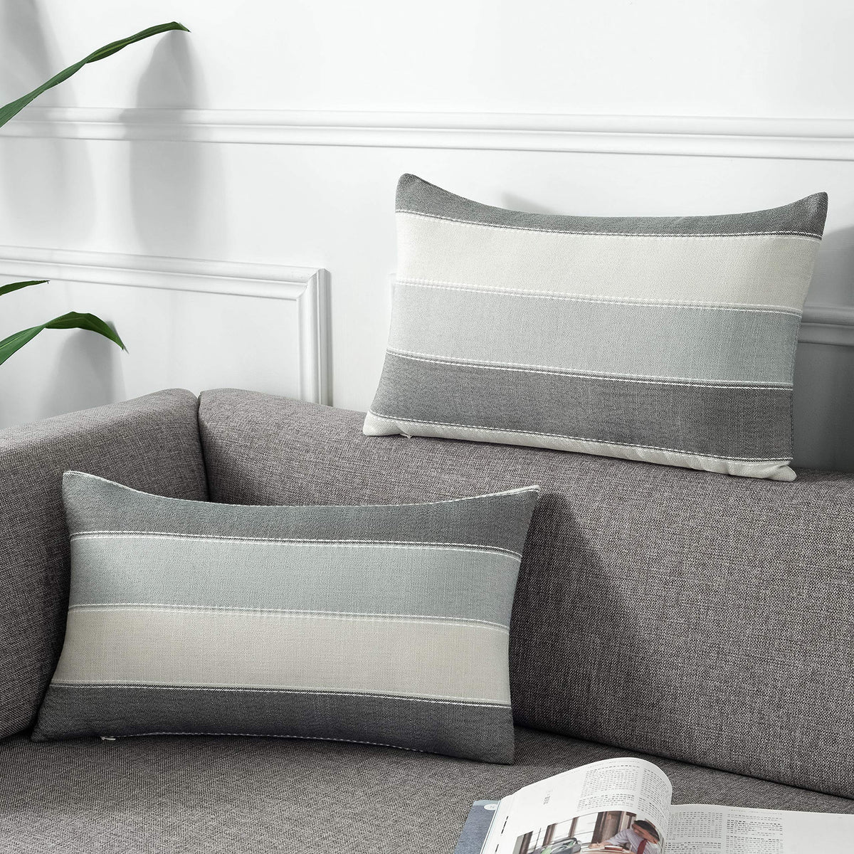 AmHoo Pack of 2 Farmhouse Stripe Check Throw Pillow Covers Set Case Cotton Linen Decorative Pillowcases Cushion Cover for Couch Bench Sofa 18x18Inch Dark Grey Beige