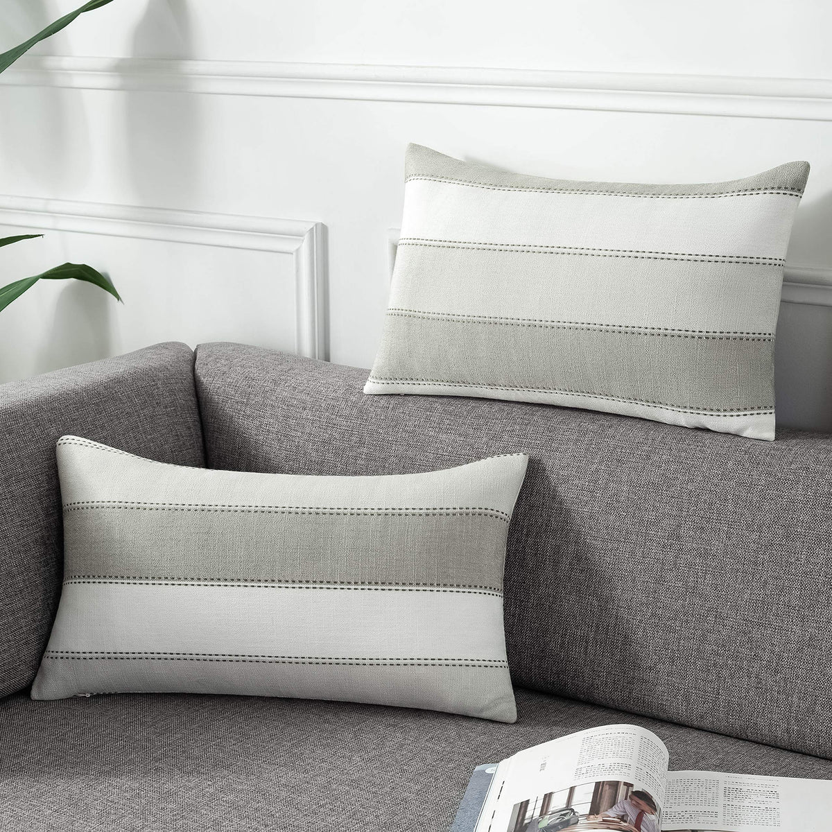 AmHoo Pack of 2 Farmhouse Stripe Check Throw Pillow Covers Set Case Cotton Linen Decorative Pillowcases Cushion Cover for Couch Bench Sofa 18x18Inch Dark Grey Beige