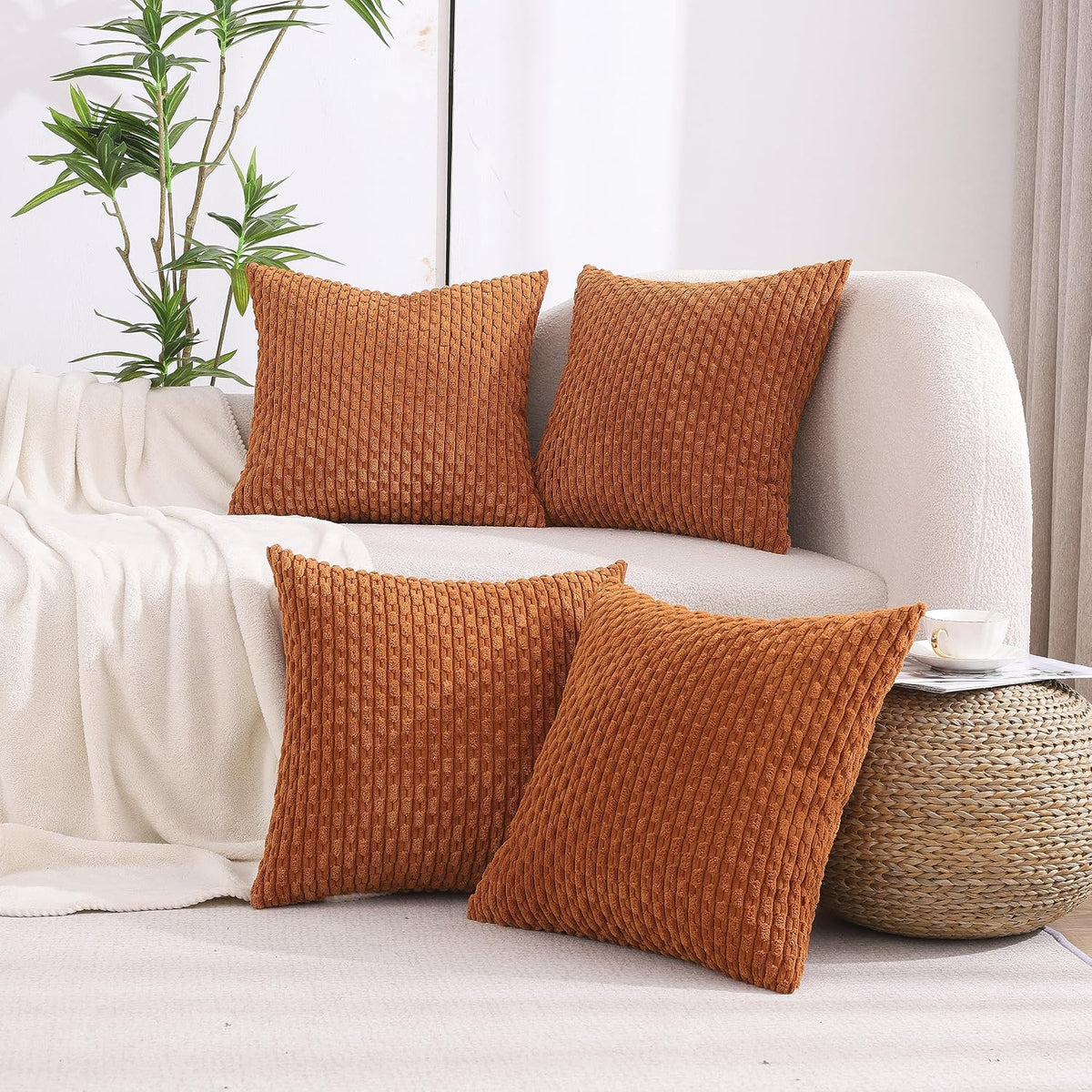 VAKADO Couch Throw Pillow Covers 18x18 Set of 4 Decorative Neutral Corduroy Boho Rustic Farmhouse Cushion Case Square for Home Decor Sofa Living Room Bed