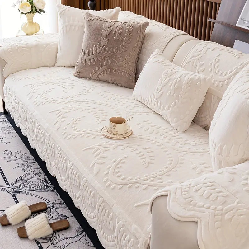 1pc of Artificial Rabbit Fur Soft And Comfortable Cushion Kit- Elegant Beige Flower And Leaf Pattern, Paired with a Pillow to Place on Top, Non Slip, Machine Washable Protective Cover, Suitable for Sofas of 1 to 4 People