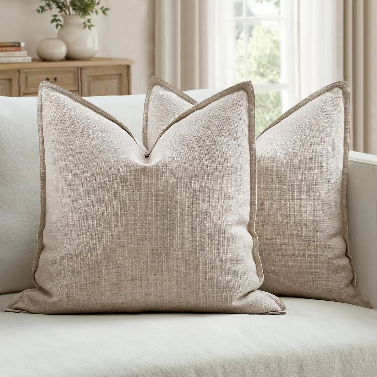 2-Pack 26x26 Natural Linen Euro Sham Pillow Covers - Thick Textured Cushion Slipcovers with Hidden Smooth Zipper, Machine Washable, Luxurious Hotel-Style Look for Modern Farmhouse Bed Decor, Neutral Household Textile Accessories
