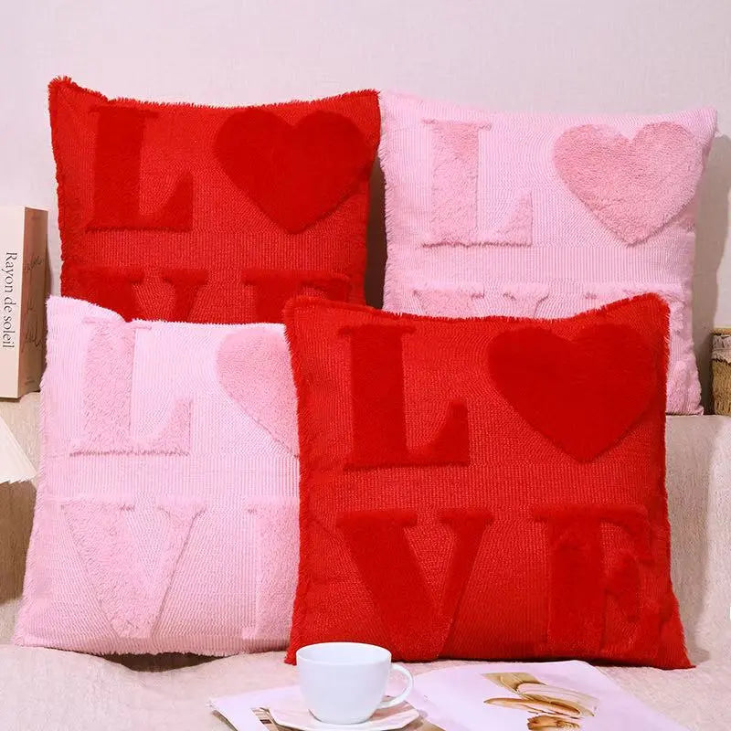 18x18 in Square Pillow Covers (Pack of 2) - Pink Embroidered Xoxo Heart Motif, Fluffy Plush, Anniversary Gift, Adds Soft Charm to Sofa and Bedroom, Bedroom-Ready Romantic Touch, Festive Home Decor Cases