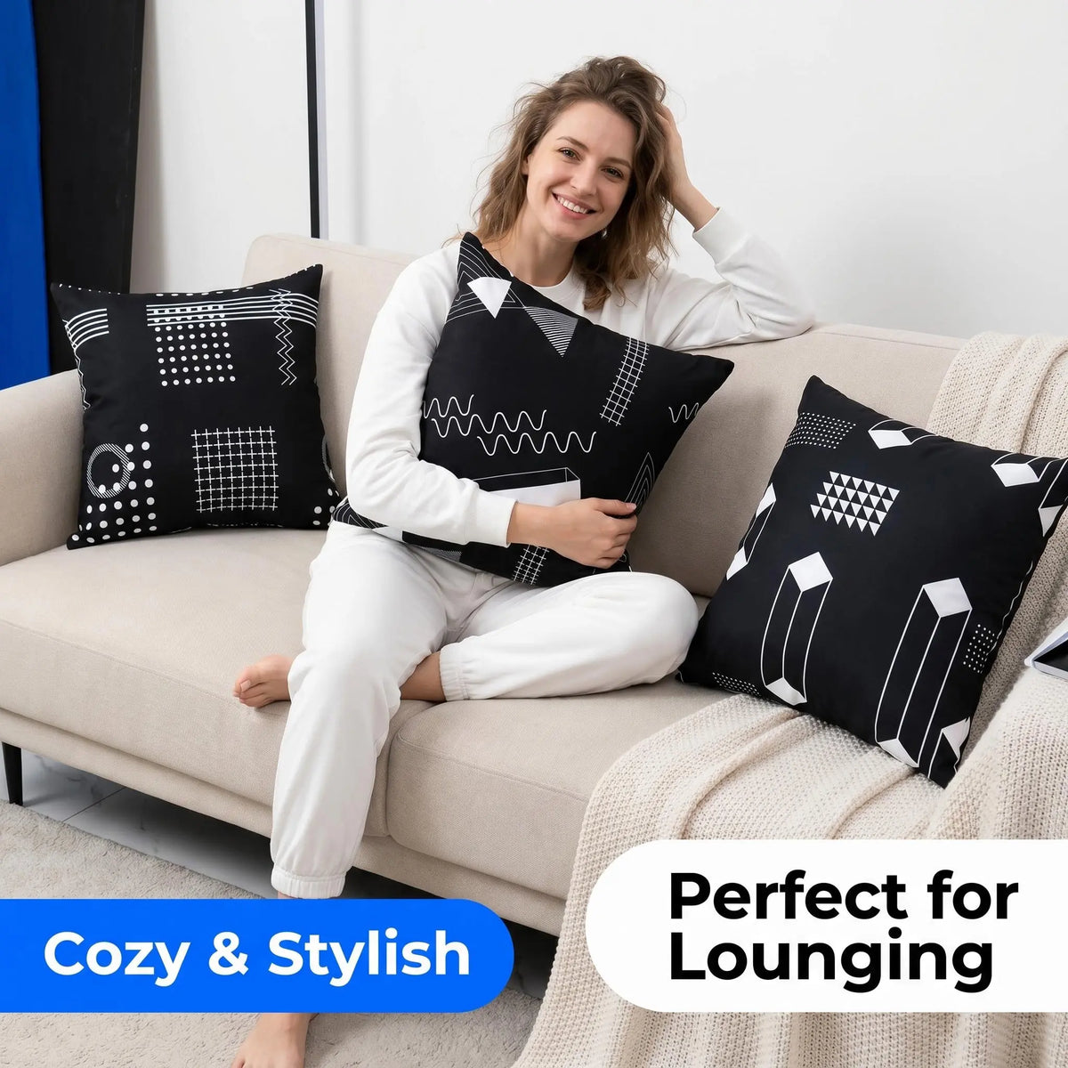 BEDSUM 45x45cm Set of 4 Modern Geometric Print Throw Pillow Covers, Double-Sided Soft Bold Pattern Fade-Proof Decorative Cases for Couch/Sofa, Living Room Accessories