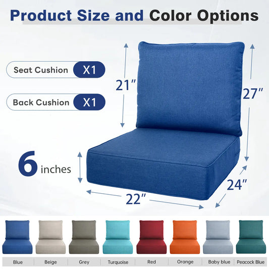 Belord Luxury 6" Thick Cushion Set - 22x24in 28D Sponge Filling, Fade-Resistant, Water-Resistant, Spill-Proof, Removable for Outdoor Chairs, Swing Lounge Cushions, Patio Set Furniture