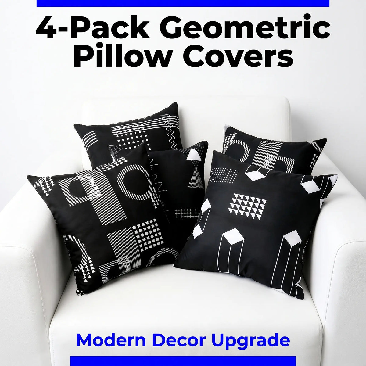 BEDSUM 45x45cm Set of 4 Modern Geometric Print Throw Pillow Covers, Double-Sided Soft Bold Pattern Fade-Proof Decorative Cases for Couch/Sofa, Living Room Accessories