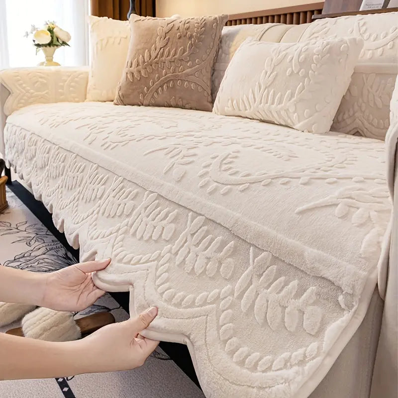 1pc of Artificial Rabbit Fur Soft And Comfortable Cushion Kit- Elegant Beige Flower And Leaf Pattern, Paired with a Pillow to Place on Top, Non Slip, Machine Washable Protective Cover, Suitable for Sofas of 1 to 4 People
