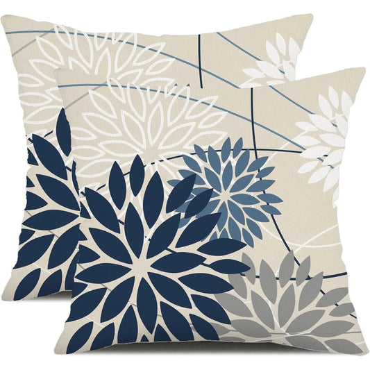 2-Piece 18x18 in Reversible Couch Cushion Covers - Neutral Beige Base, Deep Navy Gray Dahlia Floral, Modern Farmhouse Line Art Geometric Design, Indoor/Outdoor Sofa Decor, Elegant Housewarming Gift, Soft Fabric Print Covers, Couch Cushion Cover