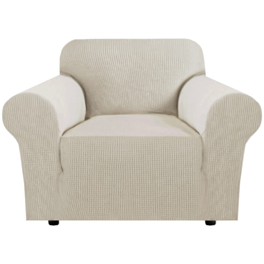 H.VERSAILTEX Stretch Sofa Covers for 3 Cushion Couch Covers Sofa Slipcovers for Living Room Feature Thick Checked Jacquard Fabric with Elastic Bottom, Sofa Large - Natural