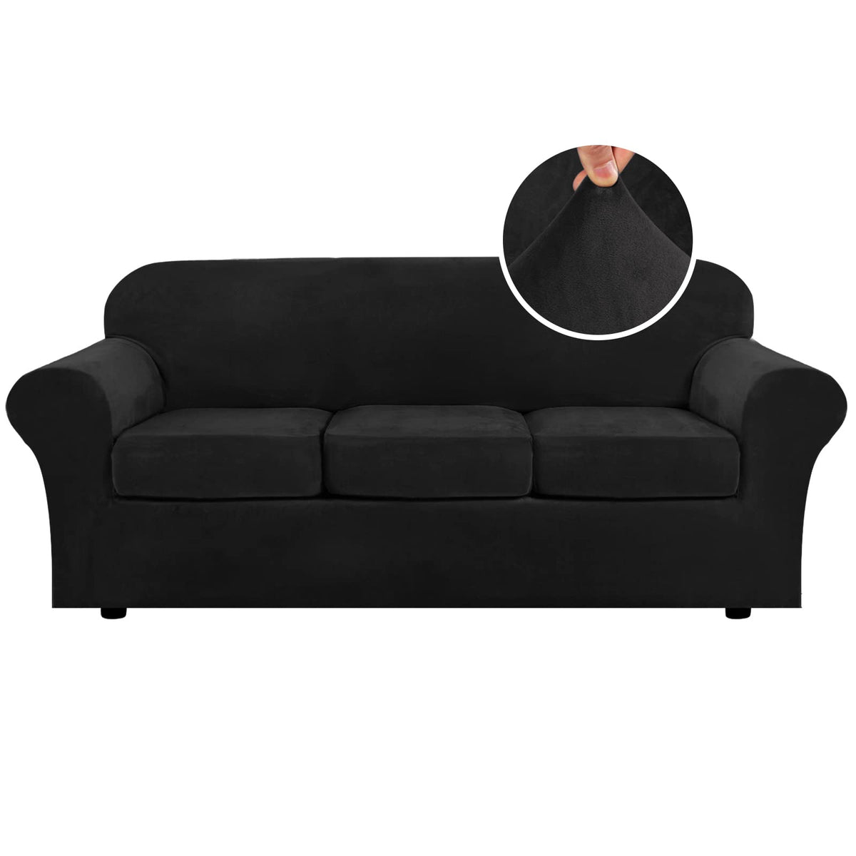 H.VERSAILTEX Modern Velvet Plush 4 Piece High Stretch Sofa Slipcover Furniture Protector Form Fit Luxury Thick Sofa Cover for 3 Cushion Couch, Machine Washable Width Up to 90 Inch(Sofa,Ivory)