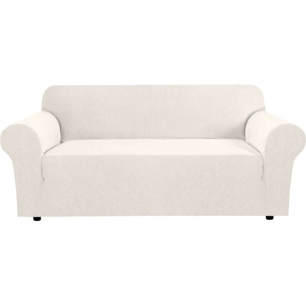 H.VERSAILTEX Stretch Sofa Covers for 3 Cushion Couch Covers Sofa Slipcovers for Living Room Feature Thick Checked Jacquard Fabric with Elastic Bottom, Sofa Large - Natural