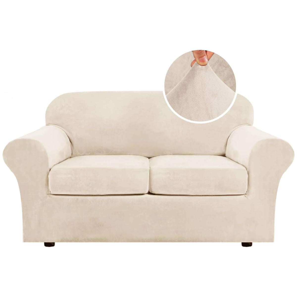 H.VERSAILTEX Modern Velvet Plush 4 Piece High Stretch Sofa Slipcover Furniture Protector Form Fit Luxury Thick Sofa Cover for 3 Cushion Couch, Machine Washable Width Up to 90 Inch(Sofa,Ivory)