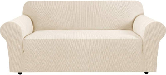 H.VERSAILTEX Stretch Sofa Covers for 3 Cushion Couch Covers Sofa Slipcovers for Living Room Feature Thick Checked Jacquard Fabric with Elastic Bottom, Sofa Large - Natural
