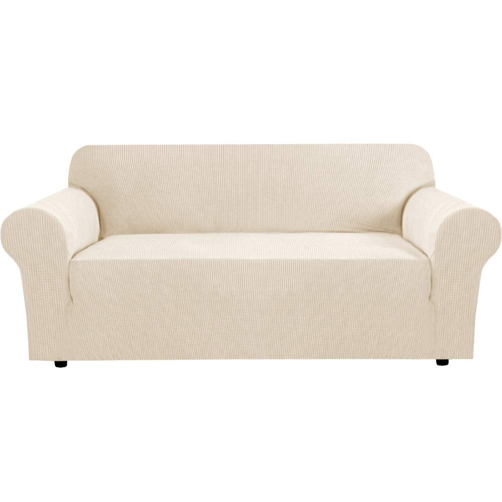 H.VERSAILTEX Stretch Sofa Covers for 3 Cushion Couch Covers Sofa Slipcovers for Living Room Feature Thick Checked Jacquard Fabric with Elastic Bottom, Sofa Large - Natural