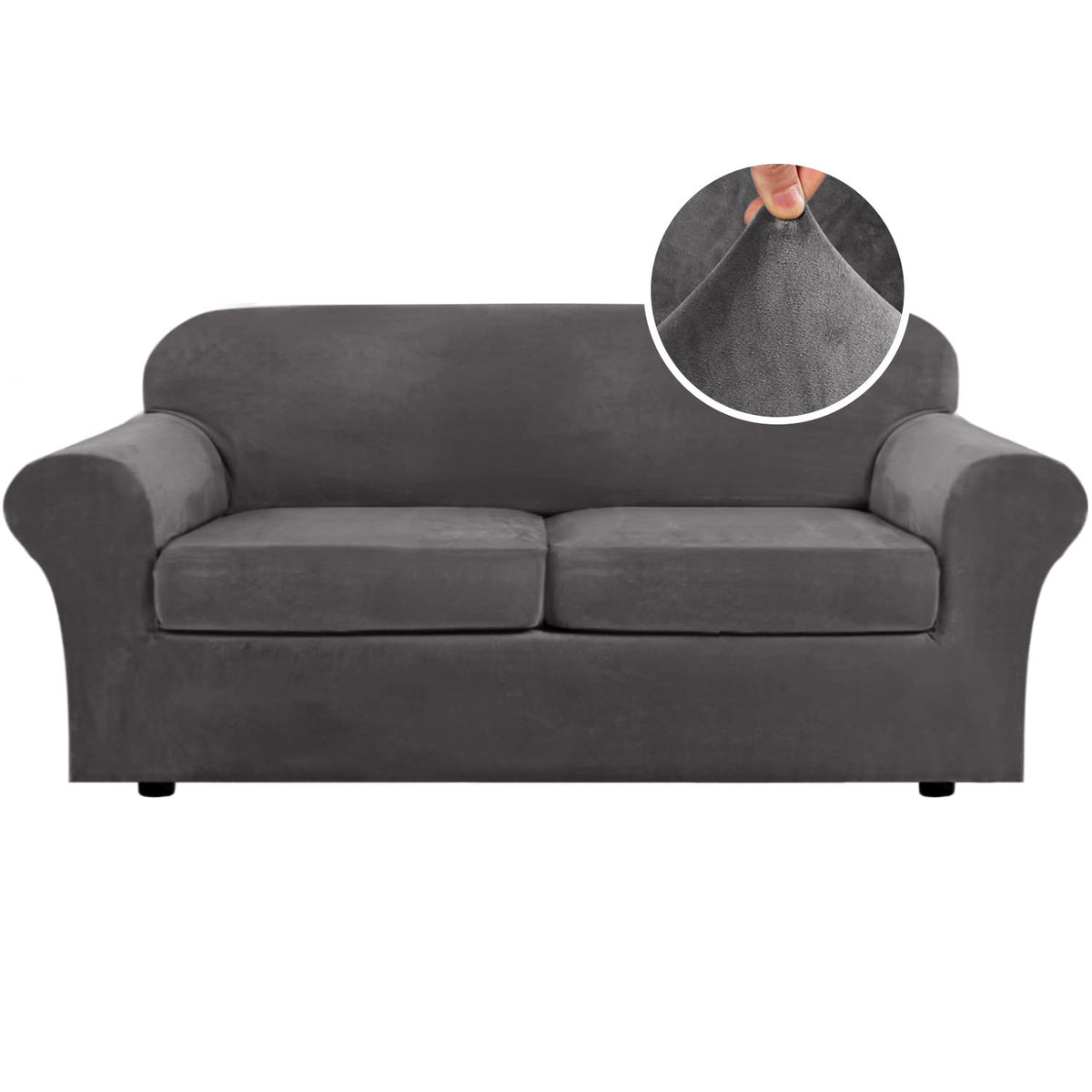 H.VERSAILTEX 4 Pieces Thick Velvet Sofa Covers Couch Covers for 3 Cushion Couch Sofa High Stretch Slipcovers Furniture Protector Form Fit Luxury Couch Cover for Dogs Width Up to 90 Inch(Sofa,Grey)