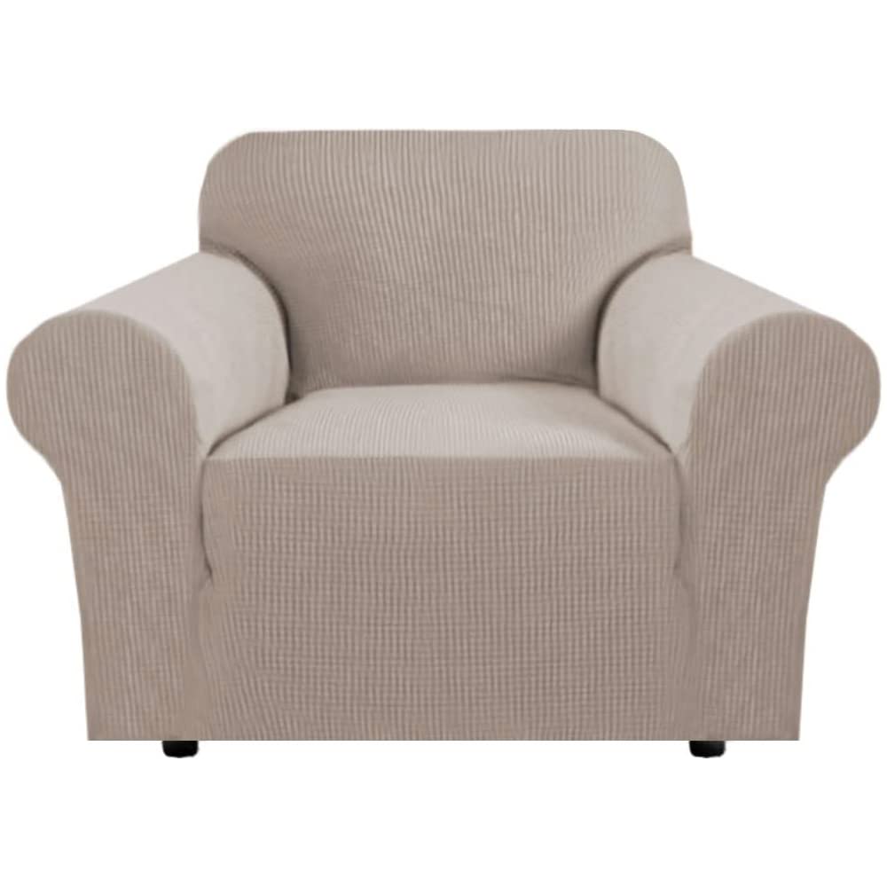 H.VERSAILTEX Stretch Sofa Covers for 3 Cushion Couch Covers Sofa Slipcovers for Living Room Feature Thick Checked Jacquard Fabric with Elastic Bottom, Sofa Large - Natural