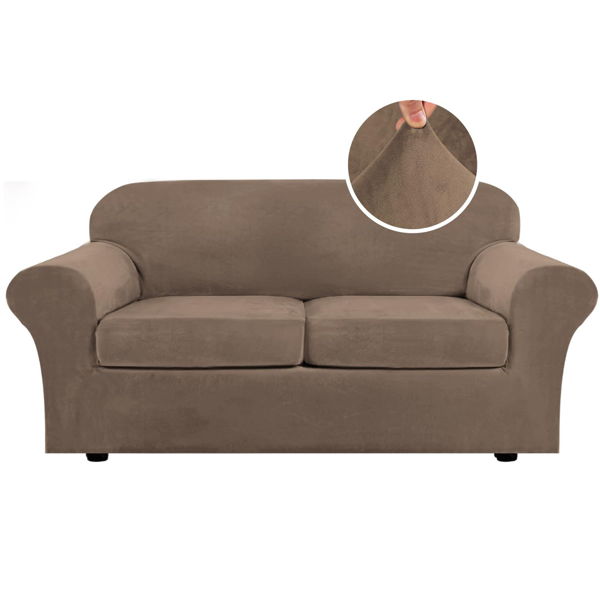H.VERSAILTEX Modern Velvet Plush 4 Piece High Stretch Sofa Slipcover Furniture Protector Form Fit Luxury Thick Sofa Cover for 3 Cushion Couch, Machine Washable Width Up to 90 Inch(Sofa,Ivory)