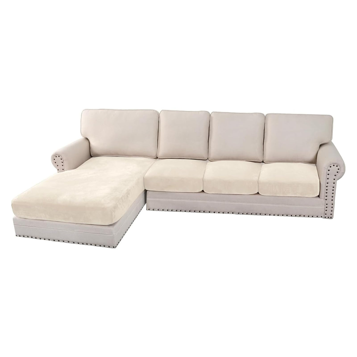 H.VERSAILTEX Velvet Stretch Couch Cushion Cover Plush Cushion Slipcover for Chair Loveseat Sofa Cushion Furniture Protector Seat Cushion Sofa Cover (2 Piece Large Sofa Cushion Covers, Ivory)
