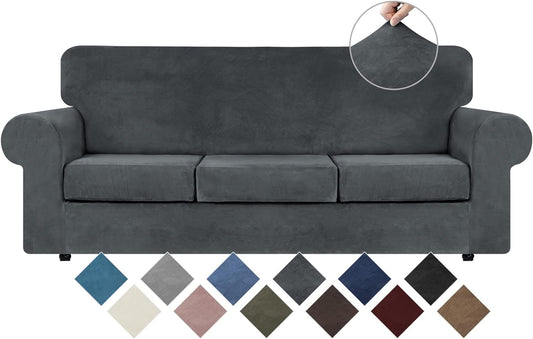 WEERRW 4 Pieces Couch Cover for Sofa Velvet Sofa Covers Washable, Dark Grey