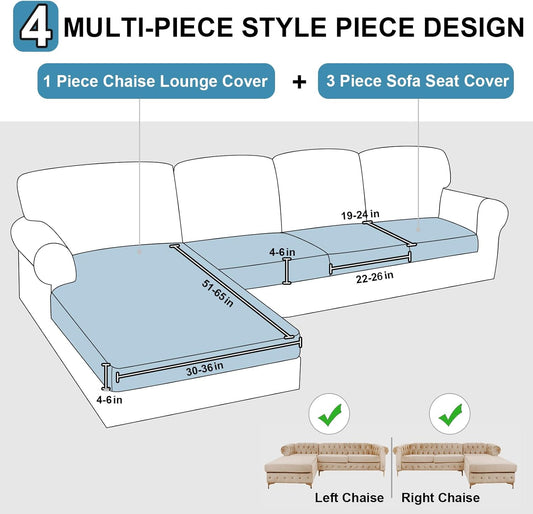NAISI Waterproof Couch Cushion Covers Thick Velvet Fabric Washable Sofa Slipcovers Sectional Couch Covers for 4 Pieces Separate L Shape Couch Cover with Elastic Bottom(3 Seater + 1 Chaise,Grey)