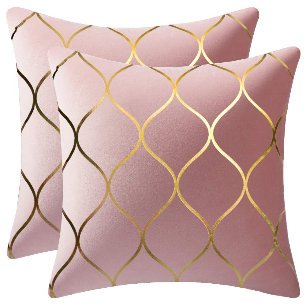 DEZENE Gold Velvet Throw Pillow Covers: 2 Pack 18x18 Inch Square Decorative Pillow Cases for Bedroom Sofa Couch Living Room, Light Grey