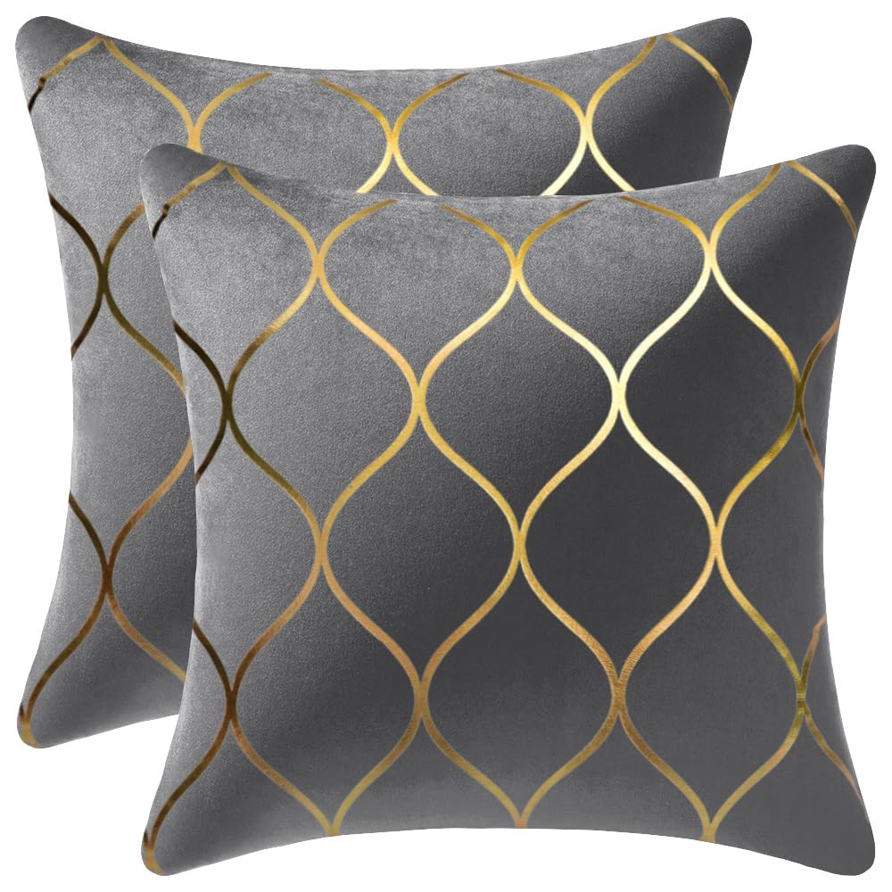 DEZENE Gold Velvet Throw Pillow Covers: 2 Pack 18x18 Inch Square Decorative Pillow Cases for Bedroom Sofa Couch Living Room, Light Grey