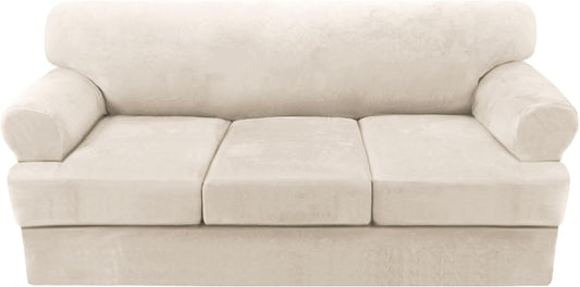 H.VERSAILTEX Sofa Cover 4 Piece T Cushion Sofa Slipcovers Couch Cover Furniture Protector Stretch T Cushion Sofa Covers for 3 Cushion Couch with 3 Individual T Cushion Covers, Ivory
