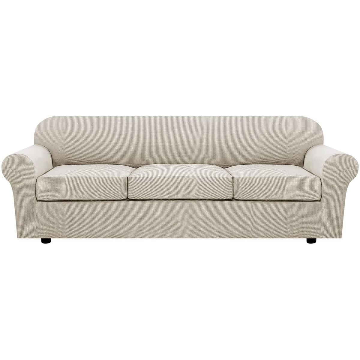 H.VERSAILTEX 4 Piece Stretch Sofa Covers for 3 Cushion Couch Covers for Living Room Slipcovers (Base Cover Plus 3 Seat Cushion Covers) Upgraded Thicker Jacquard Fabric (Sofa, Sand)